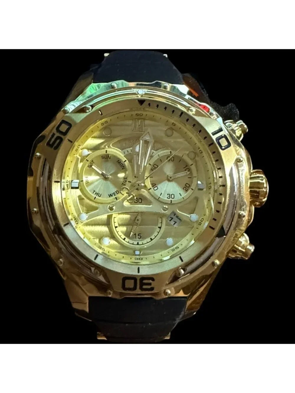 Invicta Pro Diver Gold Chronograph Watch With Black Silicone Strap Model 38001